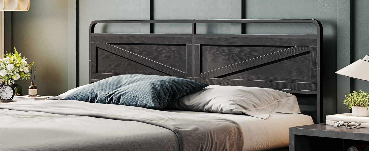 Queen-Size Wooden Panel Headboard, Minimalist Design with Reinforced Metal Frame, Height-Adjustable Configuration & Bed Frame Adapters, Black Finish