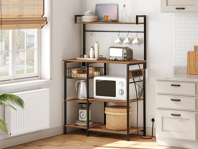 Kitchen Storage Rack with Integrated Power Outlet, Industrial Bakers Rack, Coffee Station Equipped with 4 S-Hooks, Multifunctional Microwave Stand with Storage Shelves, Easy Assembly, Rustic Brown & Black