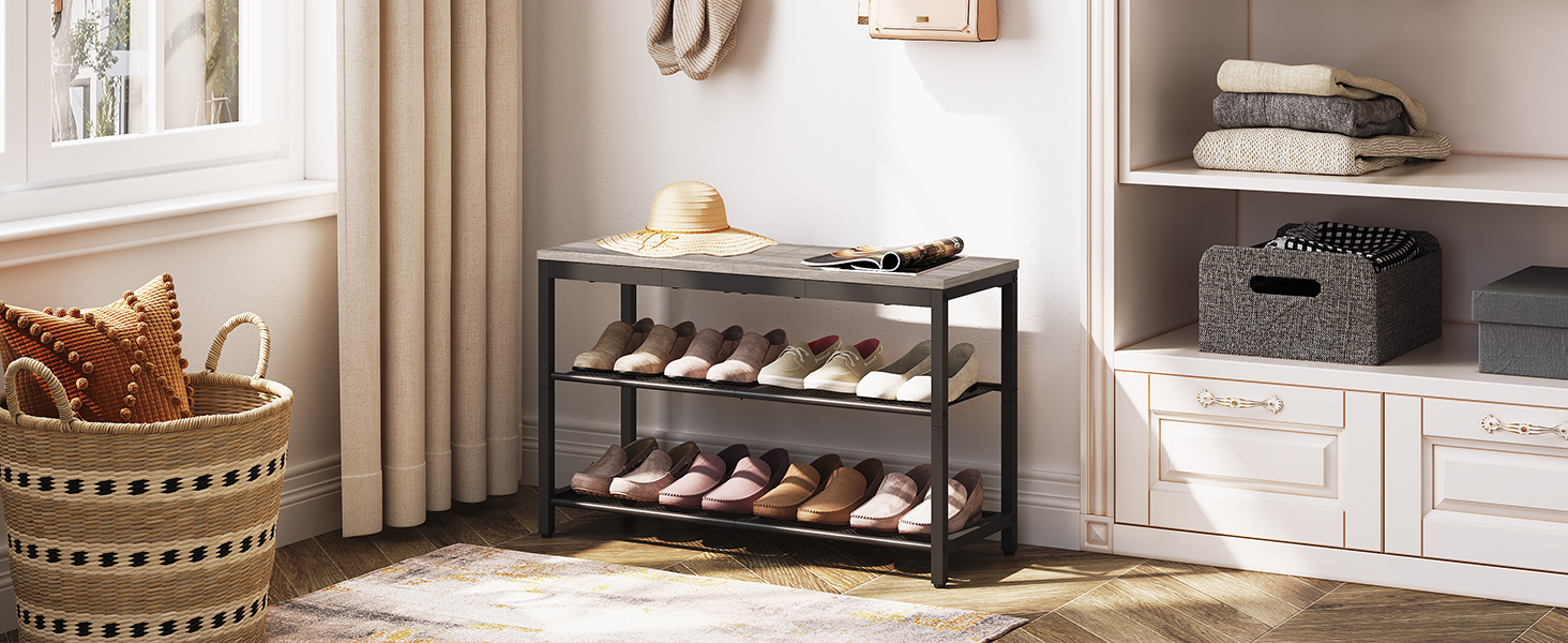 Grey Shoe Bench with 3-Tier Mesh Shelves, Industrial-Style Shoe Organizer Storage Bench, 74.93cm Entryway Bench, مناسبة للمدخل, غرفة الجلوس, المدخل, سهل التجميع