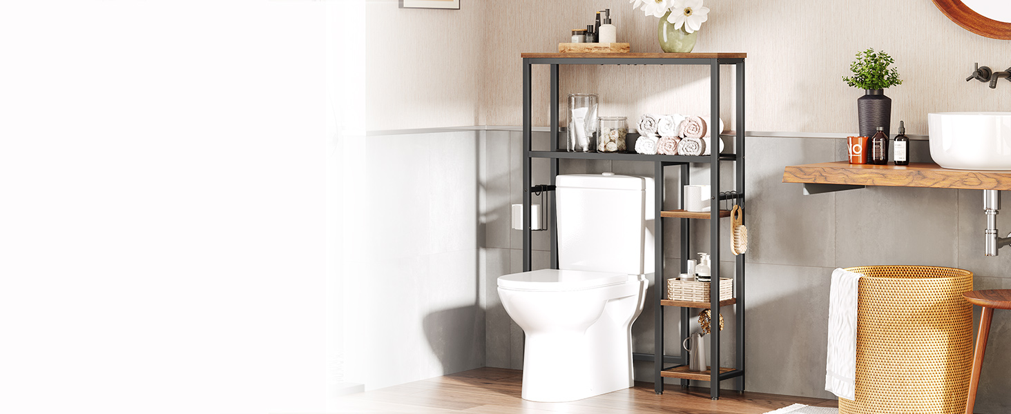 HOOBRO Over The Toilet Storage, 5-Tier Bathroom Organizer Over Toilet with Toilet Paper Holder, Hooks, Freestanding Bathroom Storage Shelves for Room, Space Saver, Rustic Brown and Black