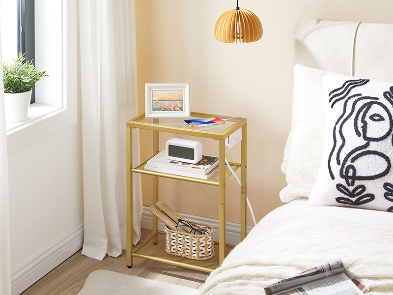 3-Tier End Table with Integrated Charging Station, Tempered Glass Side Table Equipped with USB Ports & Outlet, Modern Gold Metal Frame Nightstand with Storage Shelves for Living Room & Bedroom