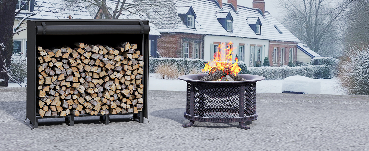 Svart 4ft ved Rack med deksel, Utendørs vedloggstativ, Justerbar loggholder med vanntett deksel, Peis tre lagring, Kraftig treholder, for innendørs og utendørs