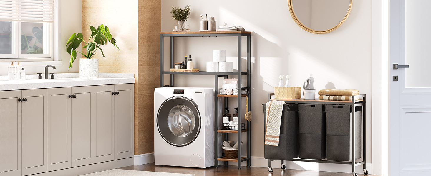 HOOBRO Over The Toilet Storage, 5-Tier Bathroom Organizer Over Toilet with Toilet Paper Holder, Hooks, Freestanding Bathroom Storage Shelves for Room, Space Saver, Rustic Brown and Black