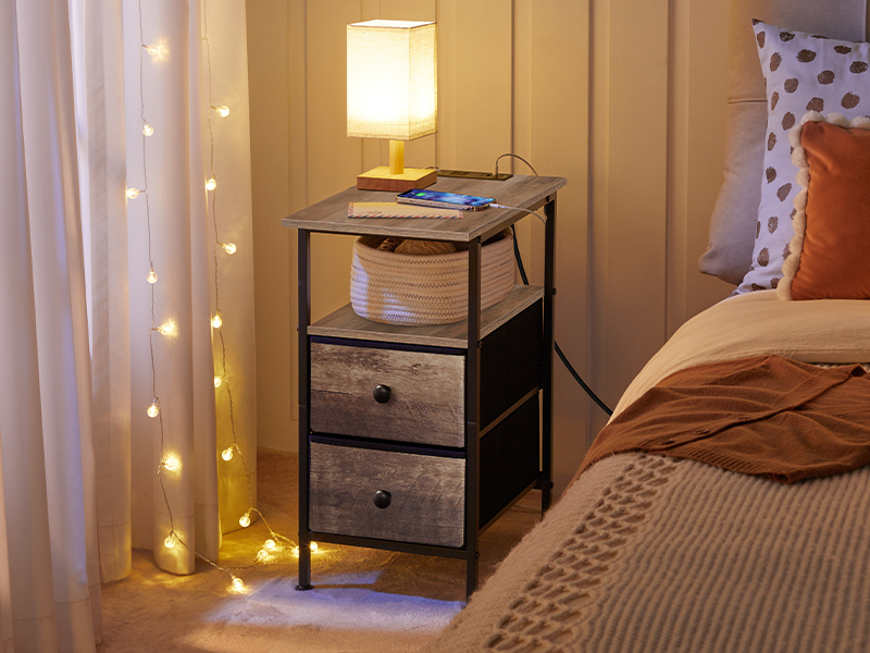 Narrow Side Table with Charging Station, Multifunctional Grey & Black Nightstand with 2 Non-Woven Drawers and Open Shelves, Slim Design for Small Spaces, Living Room & Bedroom