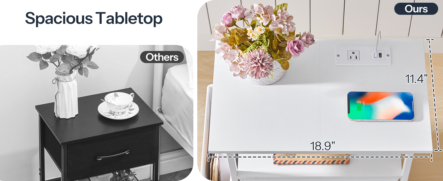 Nightstand with Charging Station and LED Light, End Table with Fabric Drawers and Side Pocket, Side Table with Outlet and USB Ports, Night Stand for Bedroom, White