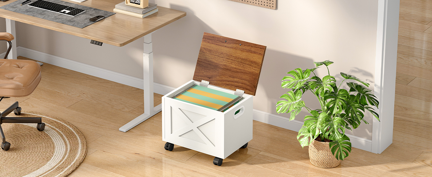 Under-Desk Compact Filing Cabinet with Drawer, Rolling Lid-Equipped Filing Cart, Mobile Hanging File Organizer, Suitable for Study and Home Office, White and Walnut
