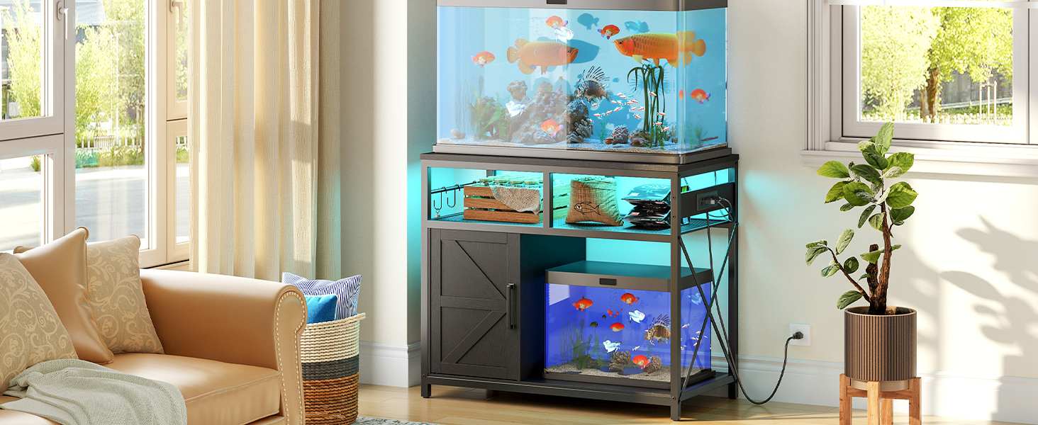 90 -115L Fish Tank Stand with Power Outlet and LED Light, Metal Frame Aquarium Stand with Cabinet Storage, Suitable for Reptile and Turtle Tanks, 199.58kg Load Capacity, Black