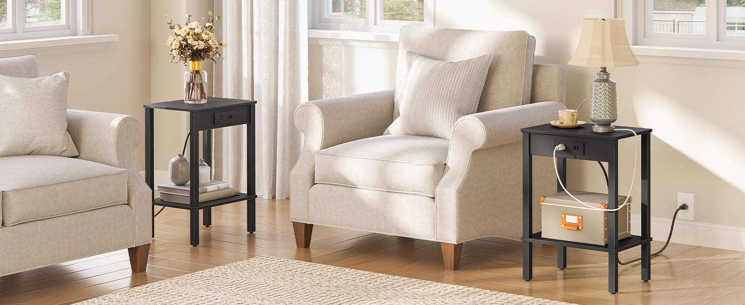 Side Table with Charging Station (Set of 2), End Table Equipped with USB Ports and AC Outlet, Nightstand with 2-Tier Storage Shelf, Faux Rattan Decoration, Suitable for Small Spaces, Black