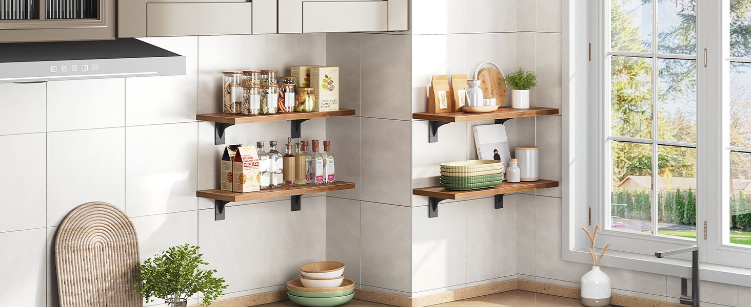 Wall-Mounted Floating Shelves (Set of 2), Wooden Storage Shelves with Metal Brackets, Suitable for Living Room, Bedroom, Bathroom, Rustic Brown and Black