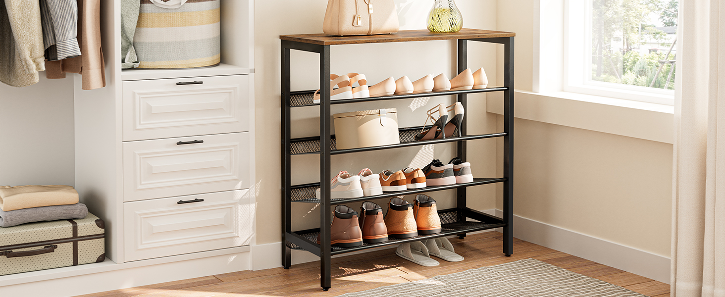 tani stojak na buty, 5-ZAWIETANIE BUTÓW WYNDU PŁATNE & Slant Regulowanego Organizatora Butów 16 pary, trwałe i stabilne, do wejścia, korytarz, gabinet, pokój w akademiku, przemysłowy, Rustykalny brąz