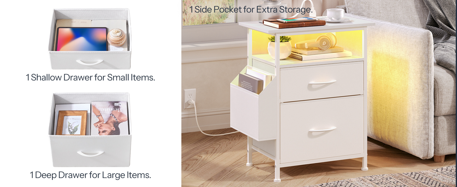 Nightstand with Charging Station and LED Light, End Table with Fabric Drawers and Side Pocket, Side Table with Outlet and USB Ports, Night Stand for Bedroom, White