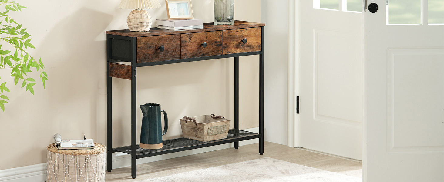 Slim Console Table with 3 Gavetas, Castanho Vintage & Black Metal-Frame Side Table with Adjustable Feet, Industrial Style Sofa Table for Hallway and Living Room
