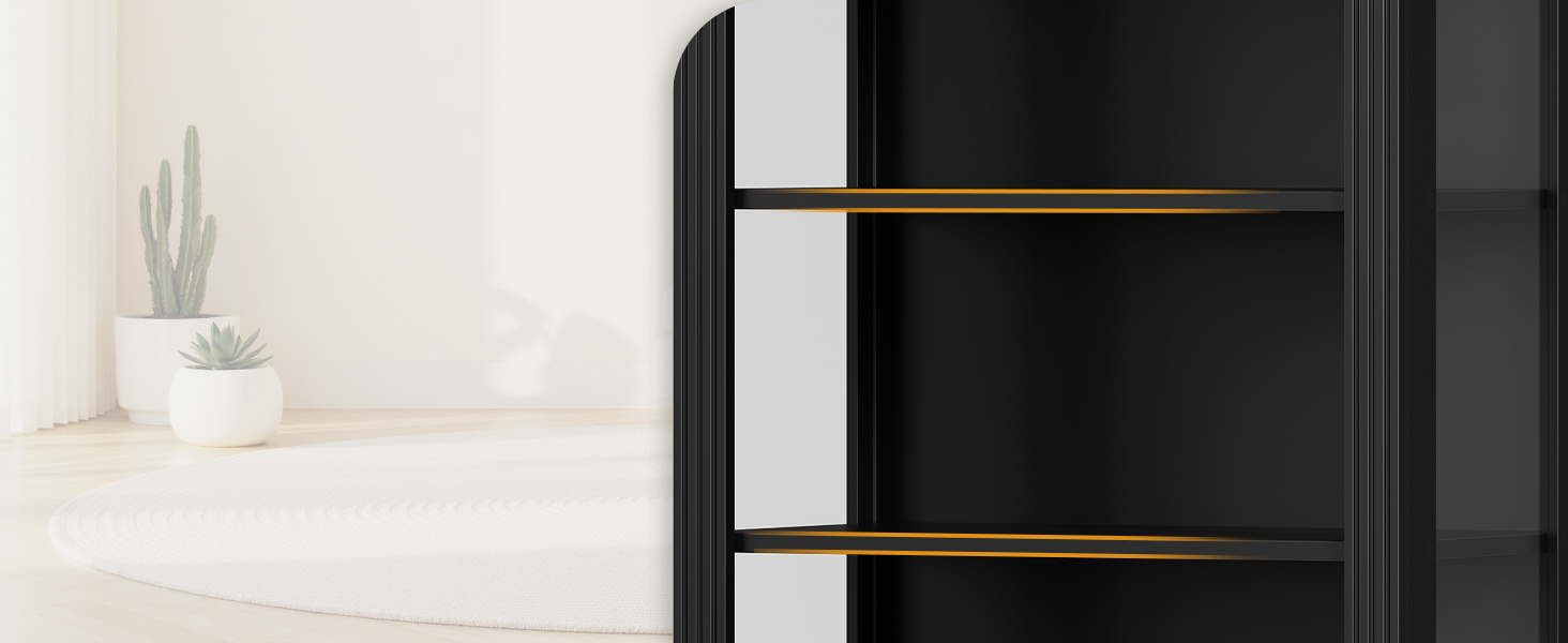 66.9-Inch Tall Arched Bookcase, Wooden Display Cabinet Integrated with LED Lighting, Farmhouse-Style Storage Shelf with 2 Drawers, Open Shelving for Living Room, Office & Bedroom, Black Finish