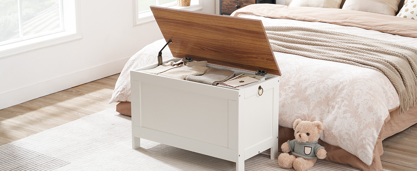 HOOBRO Spielzeugkiste, Aufbewahrungstruhe im Retro-Holz-Look mit Sicherheitsscharnier, Bankstützen für den Eingangsbereich 220 lb, 29.9 x 15.7 X 18.9 Zoll-Spielzeugtruhen-Organizer, Einfache Montage (Weiß und Walnuss)