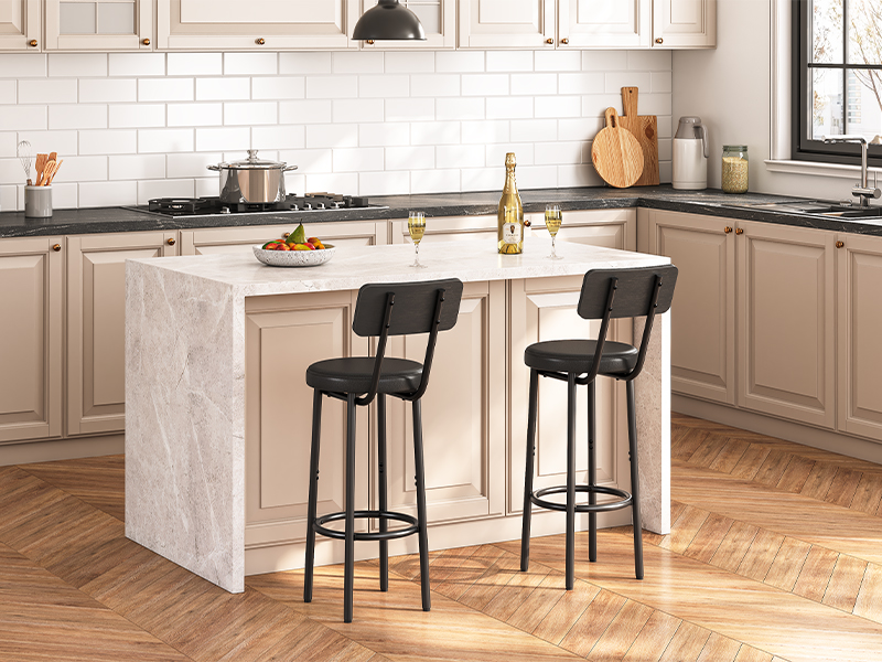 Set of 2 26-Inch Bar Stools, PU-Upholstered Counter Height Chairs with Backrest & Footrest, Industrial-Style Seating for Kitchen Island & Dining Room, Easy Assembly, Black Finish
