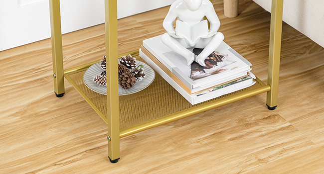 3-Tier End Table with Integrated Charging Station, Tempered Glass Side Table Equipped with USB Ports & Outlet, Modern Gold Metal Frame Nightstand with Storage Shelves for Living Room & Bedroom