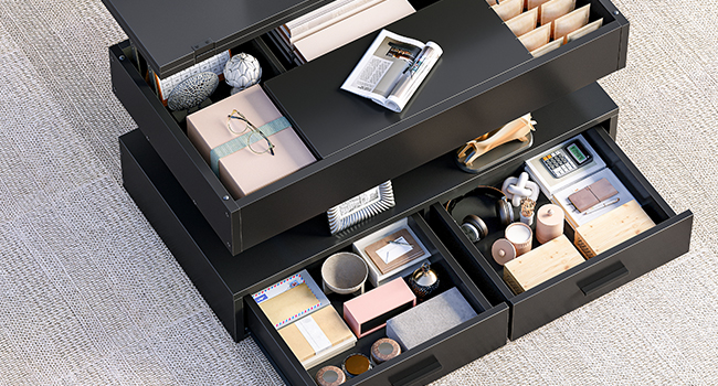 Lift Top sohvapöytä, 4-in-1 monitoiminen nostettava sohvapöytä piilolokerolla ja LED-valonauhalla, Sopii olohuoneeseen ja ruokailutilaan, Musta