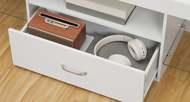 White LED TV Stand with Power Outlets, Compatible with Up to 65-inch TVs, Gaming Entertainment Center with Glass Shelves and Large Drawer, Modern Media Console for Living Room and Bedroom