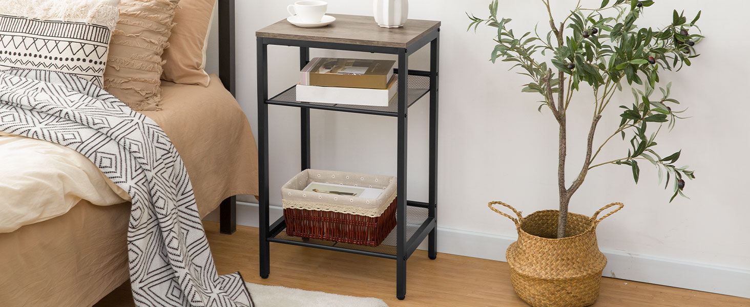 Tavolino, Tavolo con lampada industriale con ripiani in rete regolabili, per il corridoio dell'ufficio o il soggiorno, Mobili in stile effetto legno, Alto e stretto, Montaggio semplice, Greige e Nero