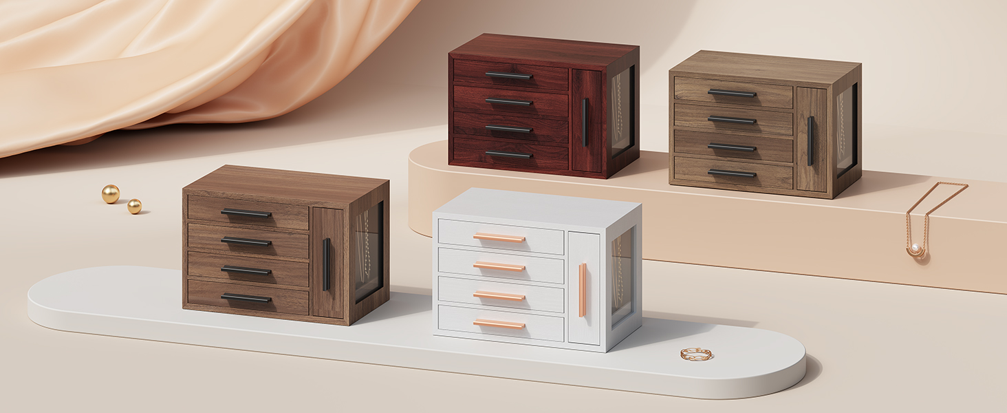 Walnut & Black Wooden Jewelry Organizer Box, 4-Layer Storage Case with Transparent Window, Suitable for Earrings, Necklaces, Rings and Cosmetics