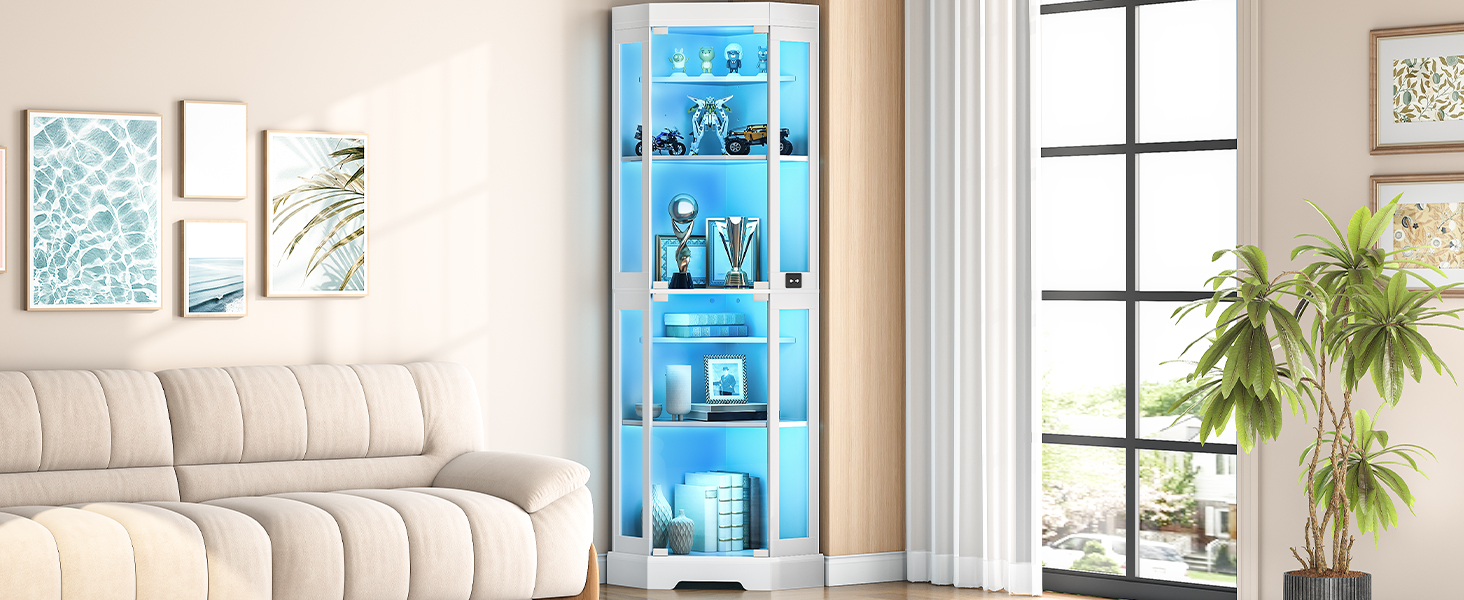 Corner Display Cabinet with Glass Doors, Glass Display Cabinet with LED Lights, 6-Tier Curio Cabinet for Collectibles & Books, Modern Corner Bookcase, White