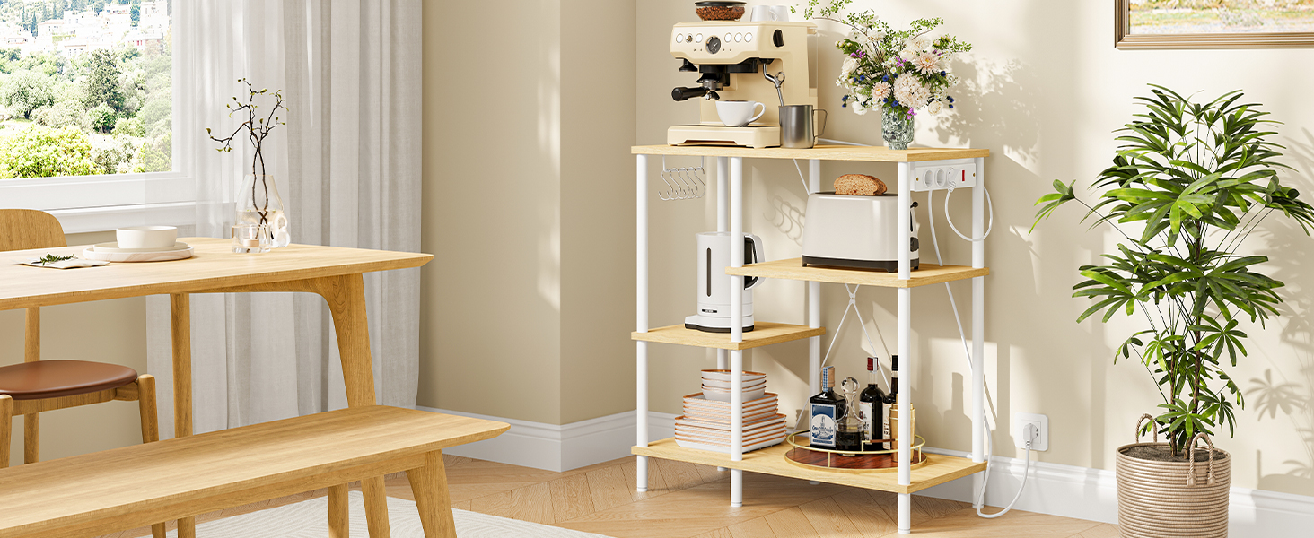 Kitchen Standing Shelf with Sockets, Baker's Rack with 5 S-Hooks, Microwave Storage Shelf with Worktop, Multifunctional Storage Unit for Kitchen and Living Room