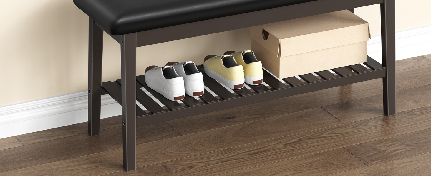 Shoe Storage Bench with Upholstered Seat, 2-Tier Bamboo Entryway Bench, Multi-Functional Dining Bench for Hallway, Sypialnia, Salon, Jadalnia, Brązowy & Czarny