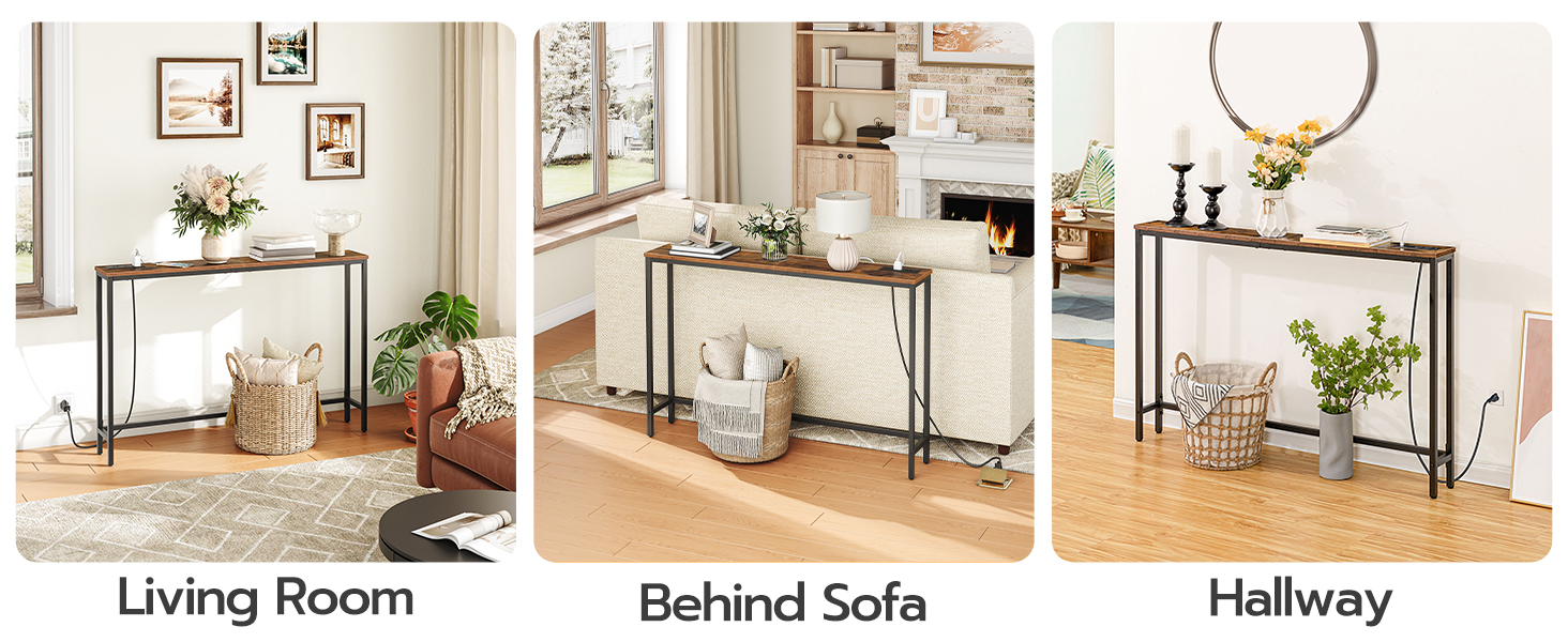 Суперузкий консольный столик с розеткой, Столик за диваном с зарядной станцией, Деревенский коричневый тонкий стол для прихожей для гостиной