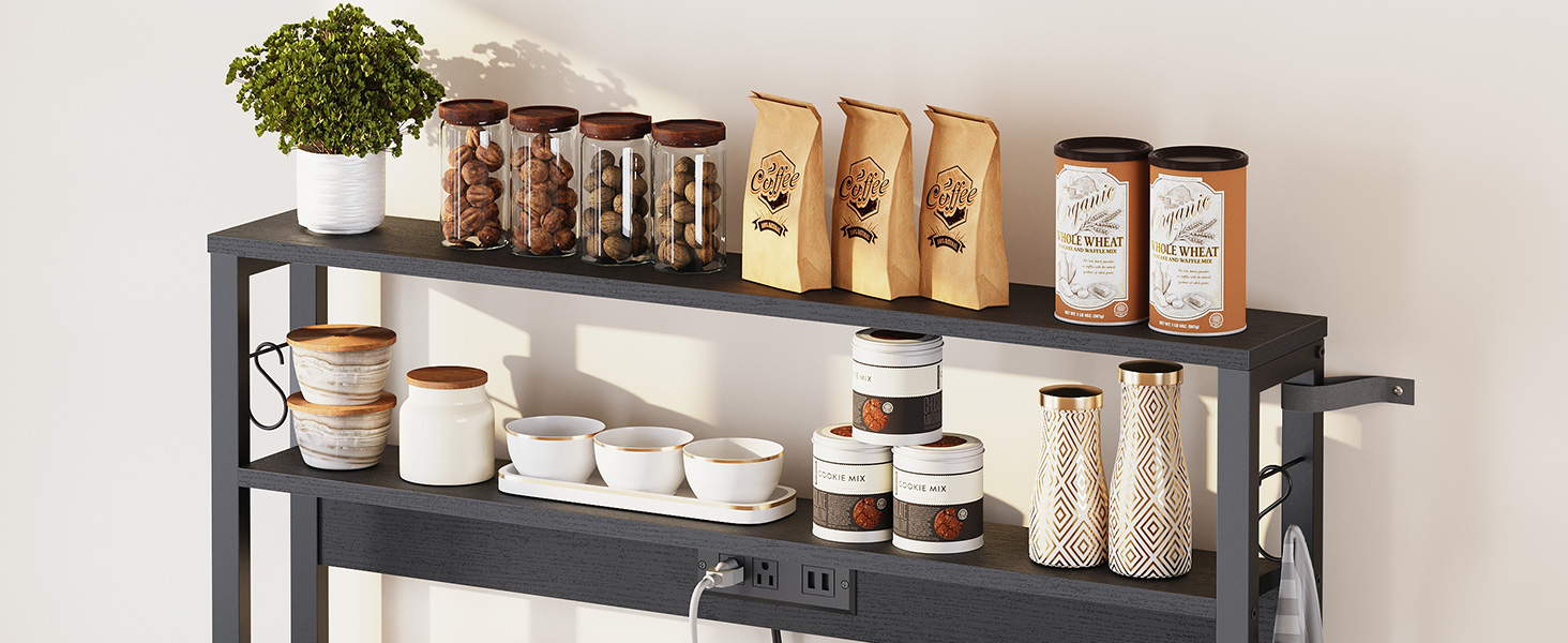 5-Tier Kitchen Bakers Rack with Integrated Power Module, Microwave Stand with Trash Can Storage Cabinet, Multi-Functional Storage Shelf for Coffee Bar, Dining & Living Room, Black Finish