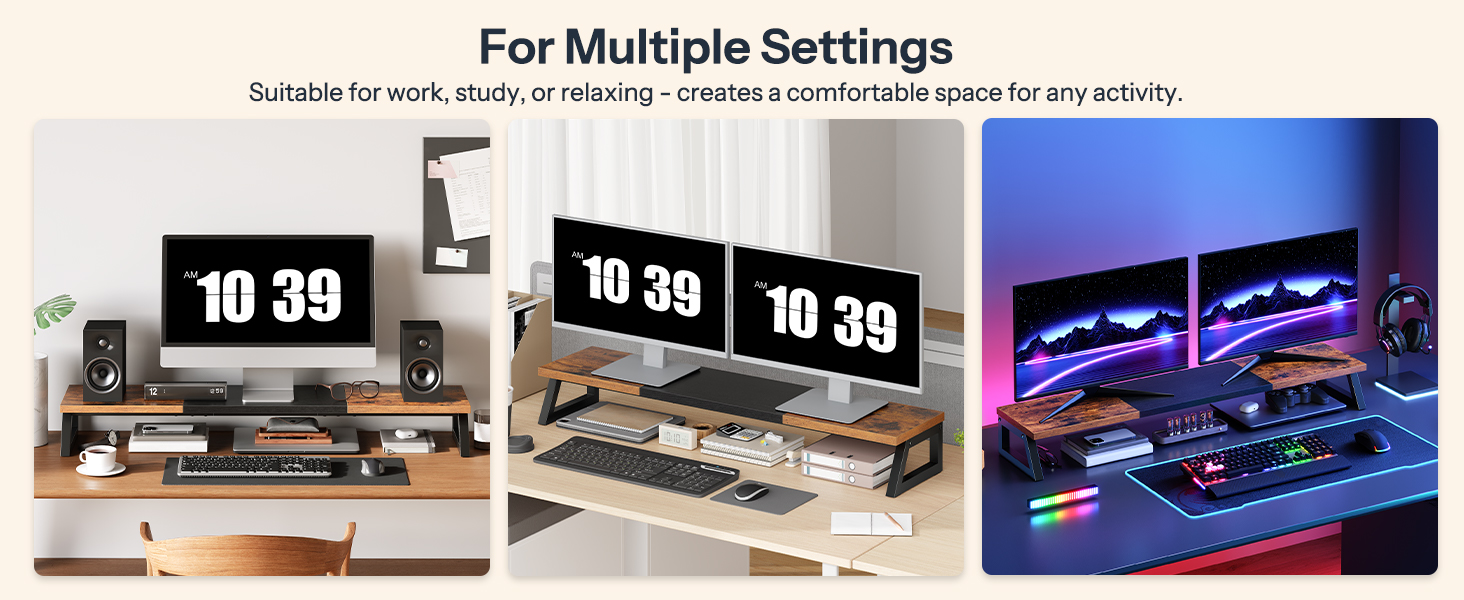 Dual Monitor Stand Riser, 39-Inch Large-Surface Monitor Elevation Shelf for 2 Monitors, Multi-Functional Desk Organizer for Office Workspace & Accessories, Rustic Brown & Black