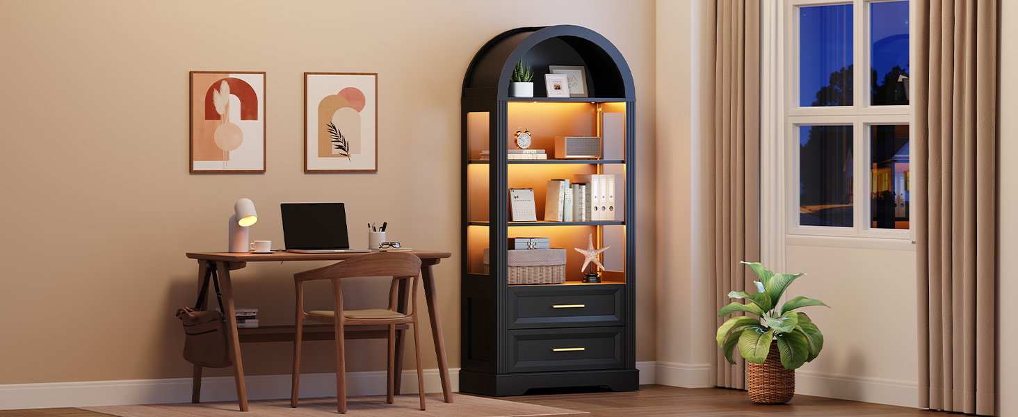 66.9-Inch Tall Arched Bookcase, Wooden Display Cabinet Integrated with LED Lighting, Farmhouse-Style Storage Shelf with 2 Drawers, Open Shelving for Living Room, Office & Bedroom, Black Finish