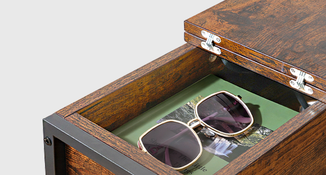 Узкий столик с зарядной станцией, Flip-Top Slim Side Table, Multi-Functional Bedside Nightstand with Storage, Подходит для небольших помещений, Гостиная & Спальня, Рустик Браун & Черный