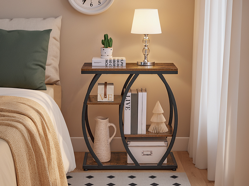 Industrial End Table, 4-Tier Storage Shelf Side Table, Small Accent Table with Geometric Metal Frame, Multi-Functional Night Stand for Living Room, Bedroom, Office, Rustic Brown & Black