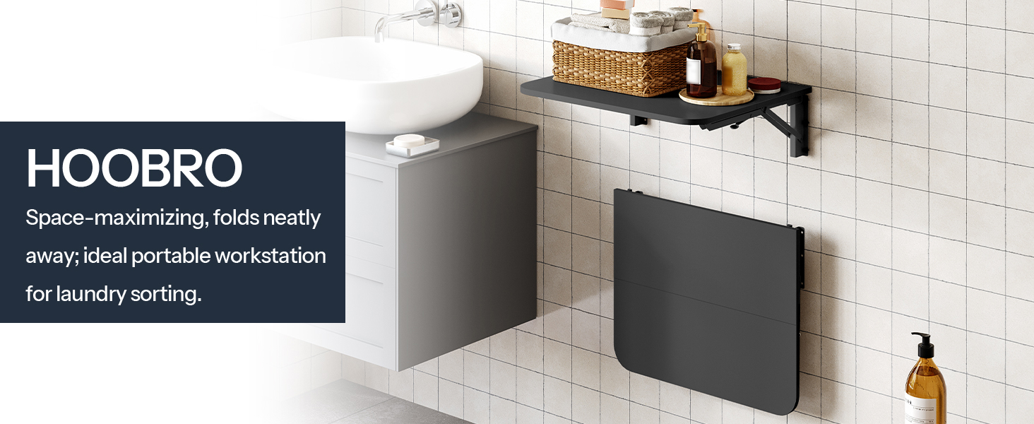 HOOBRO Black Floating Folding Desk with Iron Bracket - Wall-Mounted Drop Leaf Table for Small Spaces, Kitchen, Laundry Room & Office