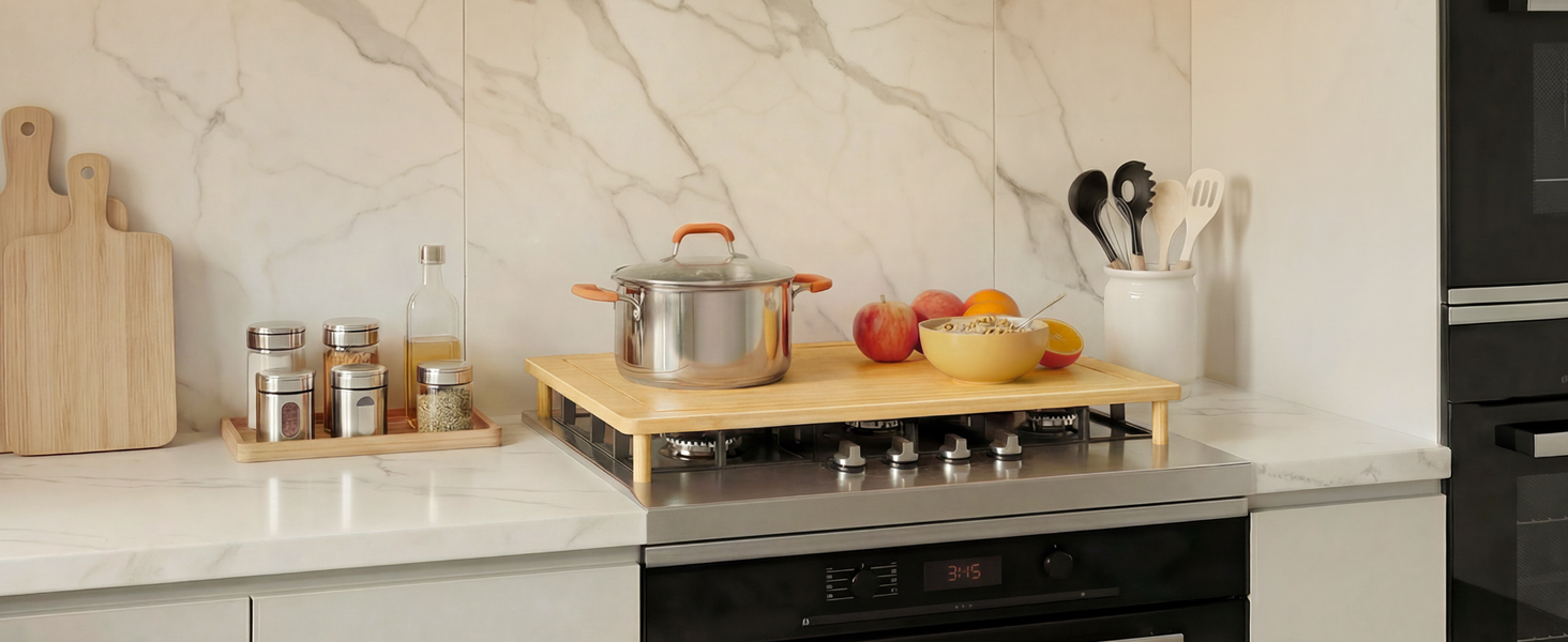 Bamboo Stove Top Cover, Noodle Board with Removable Adjustable Legs, Multi-Functional Stove Cover Board Compatible with Electric Stoves & Gas Burners, مادة الخيزران الطبيعية