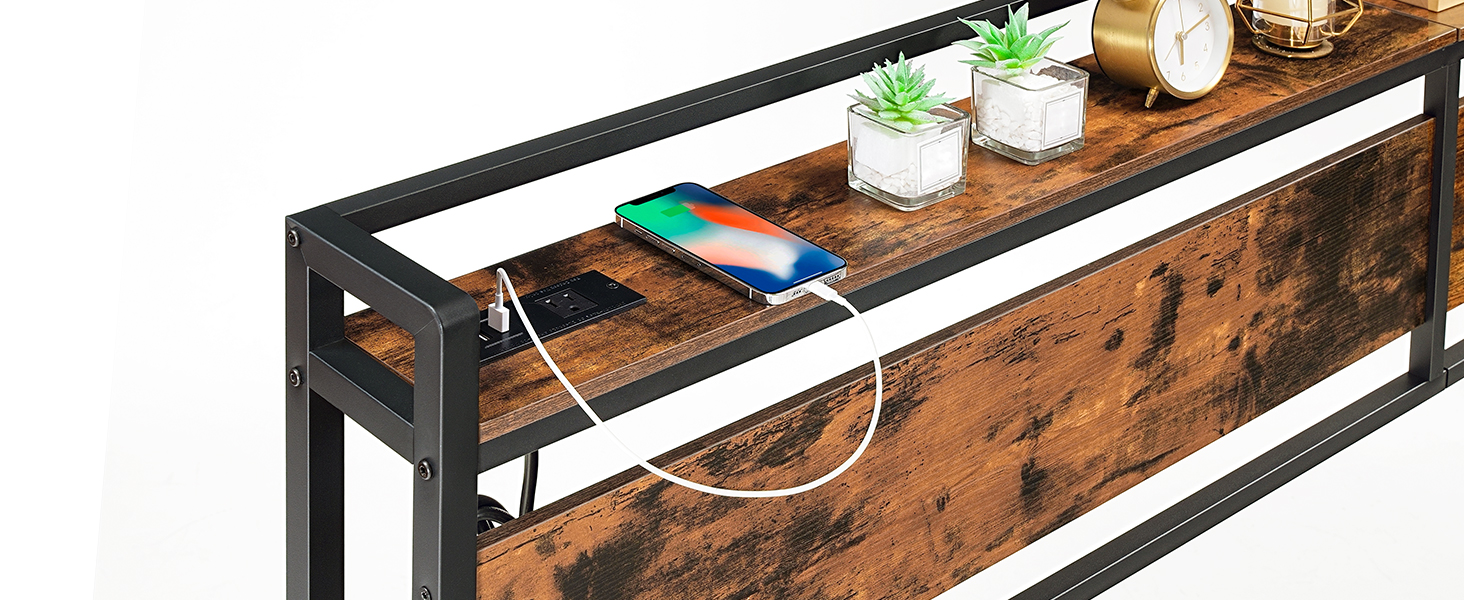 King Size Headboard with Power Outlets & منافذ يو اس بي, Height-Adjustable Design with Storage Rack, Sturdy Rustic Brown & Black Headboard, تجميع سهل