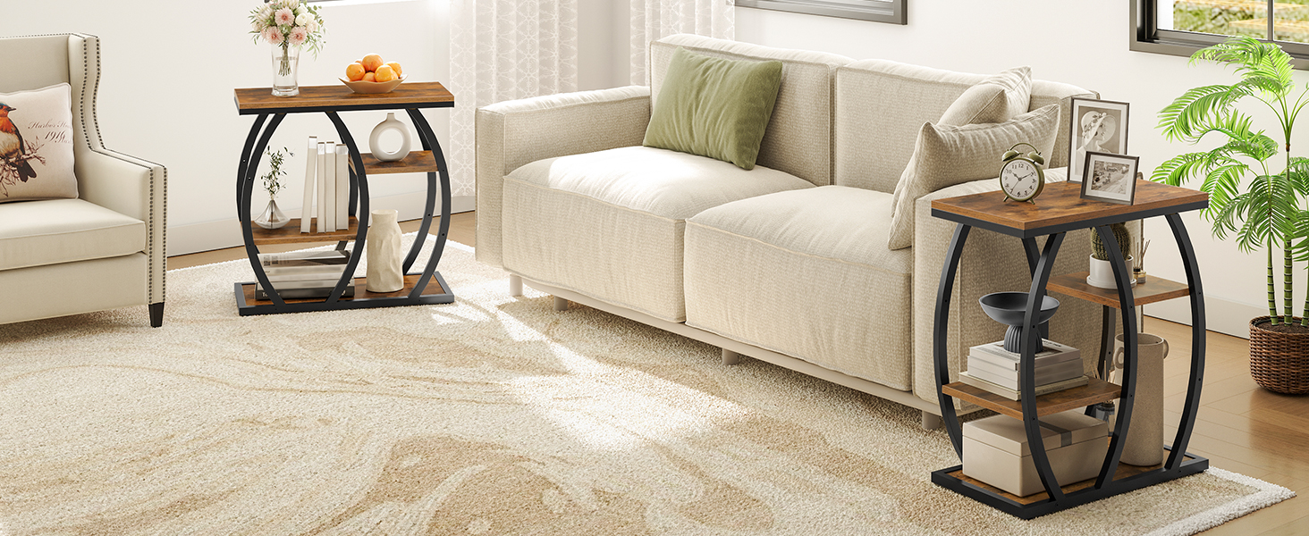 Industrial End Table, 4-Tier Storage Shelf Side Table, Small Accent Table with Geometric Metal Frame, Multi-Functional Night Stand for Living Room, Bedroom, Office, Rustic Brown & Black