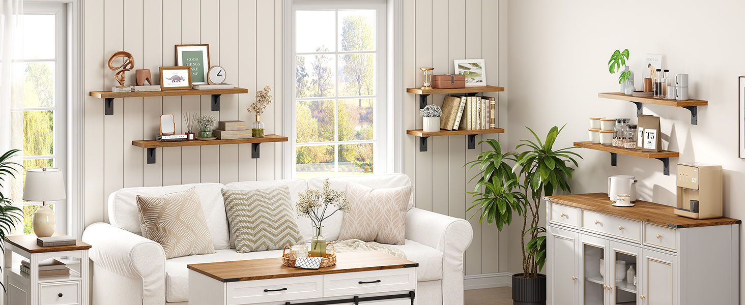 Wall-Mounted Floating Shelves (Set of 2), Wooden Storage Shelves with Metal Brackets, Suitable for Living Room, Bedroom, Bathroom, Rustic Brown and Black