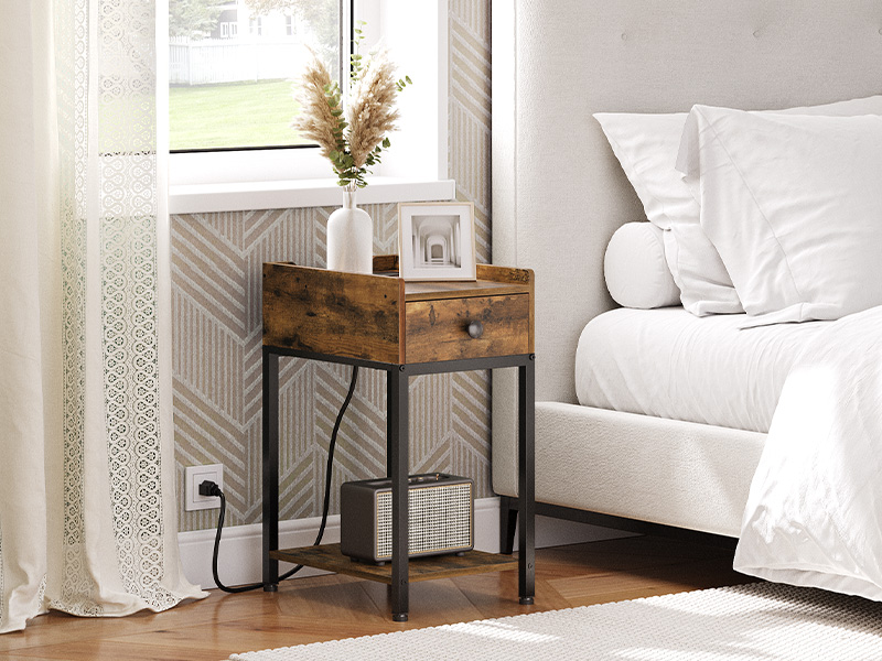 Tábla cúng le stáisiún muirir gan sreang, Tábla deiridh le tarraiceán fabraice neamhfhite, Seastán oíche le USB agus asraonta, don seomra suí, seomra codlata, donn tuaithe