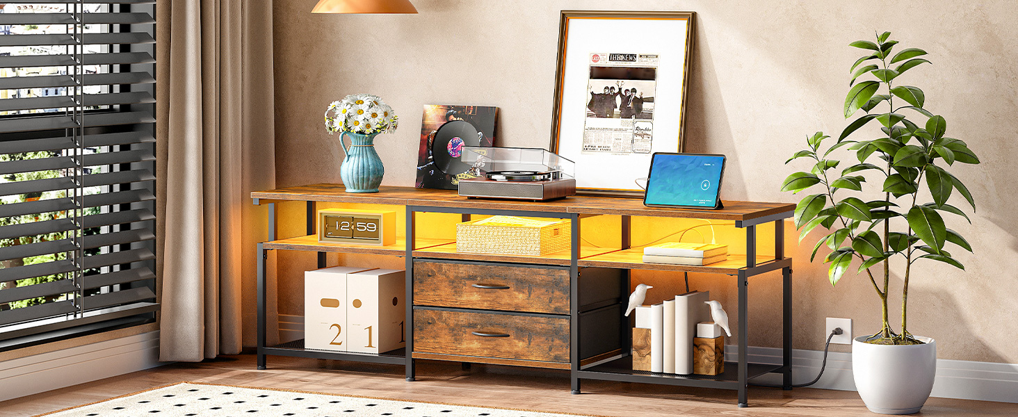 TV Stand with Integrated Power Outlet and LED Lighting, Entertainment Center Compatible with TVs Up to 75 Inches, Modern Media Console with 2 Non-Woven Drawers, Rustic Brown