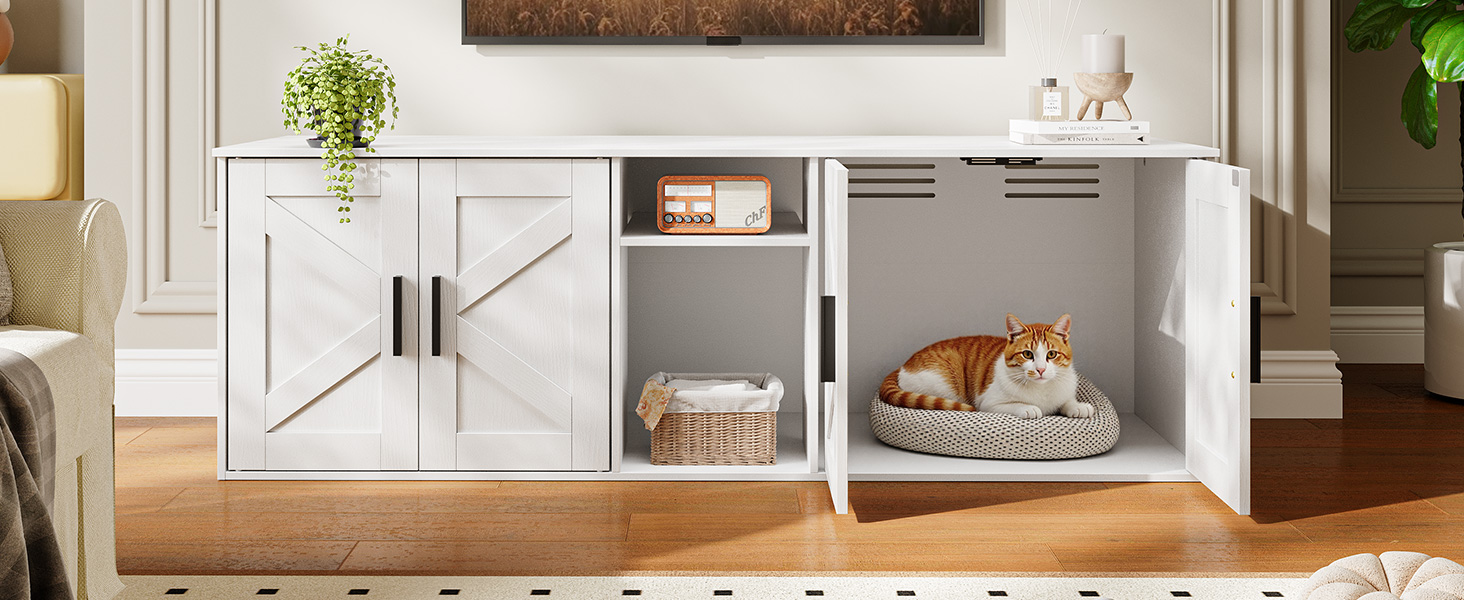 Witte dubbele kattenbakbehuizing, Verborgen type met gang, Houten kattenbakmeubel met opberglaag en haken