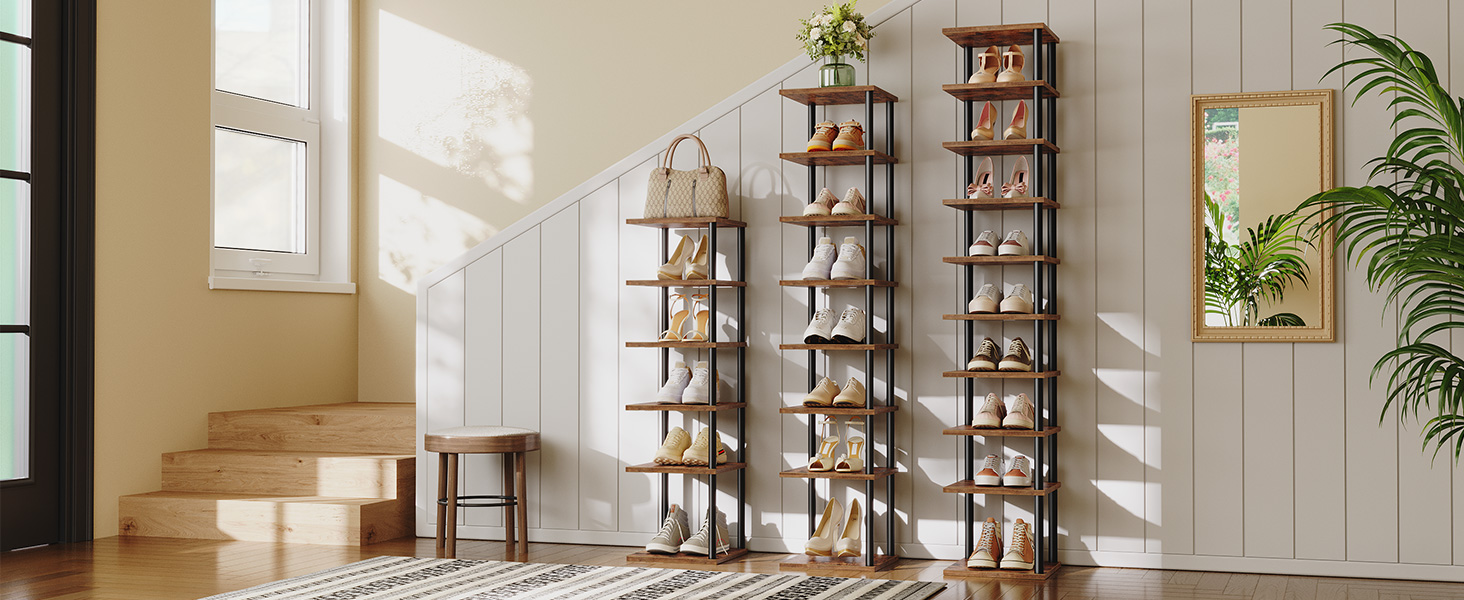 10-Layer Corner Shoe Rack, Dark Brown-Black Narrow Multifunctional Shoe Cabinet, Space-Saving Storage Organizer for Hallway & Bedroom