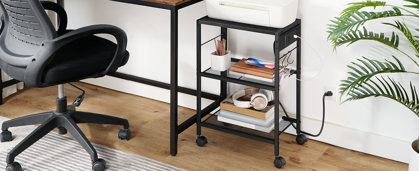 Industrial Printer Stand, 3-Tier Mobile Printer Table, Rolling Cart with Power Outlets and USB Ports, Home Printer Stand with 2 Hooks, Suitable for Office and Living Room, Black