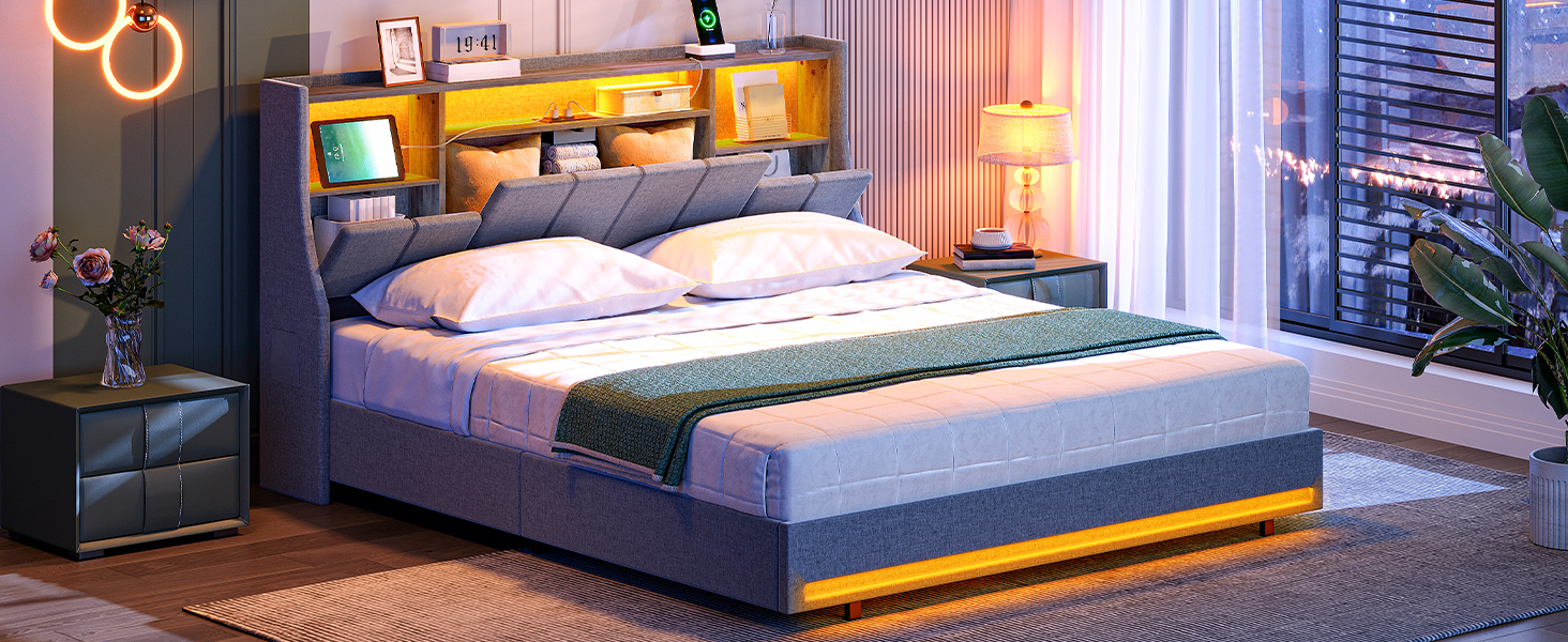 Gray Queen Size Upholstered Platform Bed Frame with Storage Headboard, RGB LED Lighting and Integrated Charging Station, Metal and Wooden Slat Construction, Не требуется коробчатая пружина