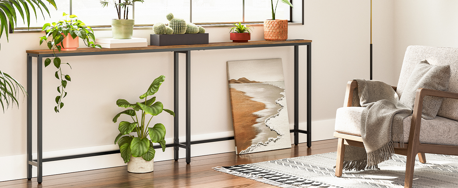 78.7 Inch Narrow Console Table with Integrated Charging Station, 5.9-Inch Depth Sofa Table Equipped with 2 Power Outlets and USB Ports, Long Entryway Table for Hallway, Living Room, Rustic Brown Finish