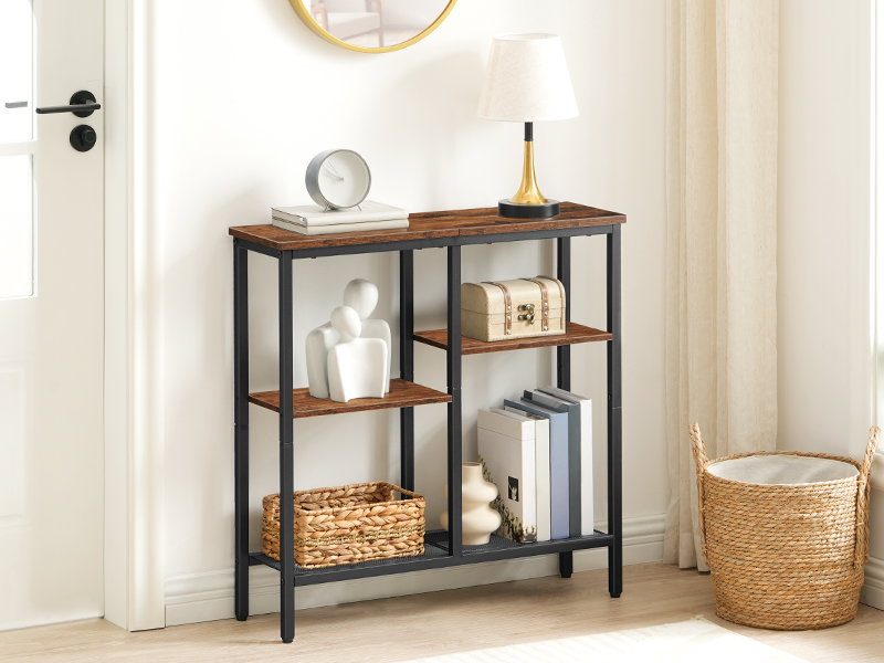 4-Tier Industrial Narrow Console Table, Metal Mesh Shelf Entryway Table with Adjustable Feet, Multi-Functional Sofa Side Table for Entryway, Living Room & Hallway, Rustic Brown & Black