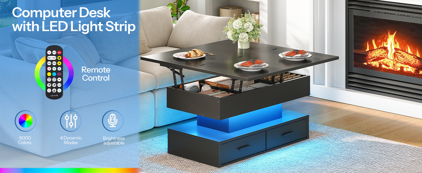 Lift Top sohvapöytä, 4-in-1 monitoiminen nostettava sohvapöytä piilolokerolla ja LED-valonauhalla, Sopii olohuoneeseen ja ruokailutilaan, Musta