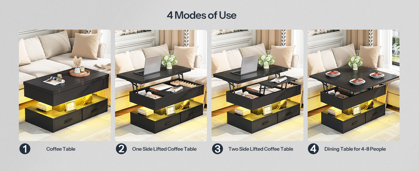 Lift Top sohvapöytä, 4-in-1 monitoiminen nostettava sohvapöytä piilolokerolla ja LED-valonauhalla, Sopii olohuoneeseen ja ruokailutilaan, Musta