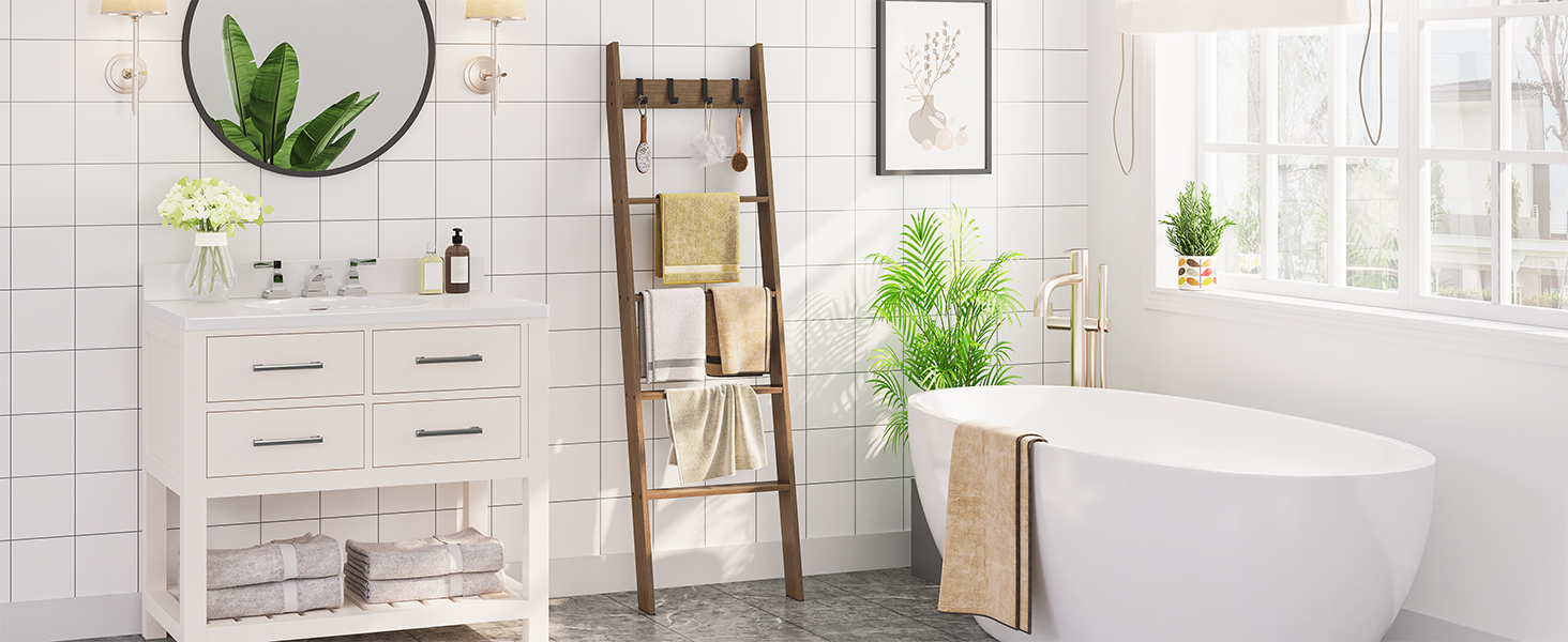 HOOBRO Blanket Ladder for Living Room and Bedroom, 5-Tier Wall Leaning Towel Rack for Bathroom, Decorative Ladder Shelf with 4 Removable Hooks, Farmhouse Blanket Storage, Mocha