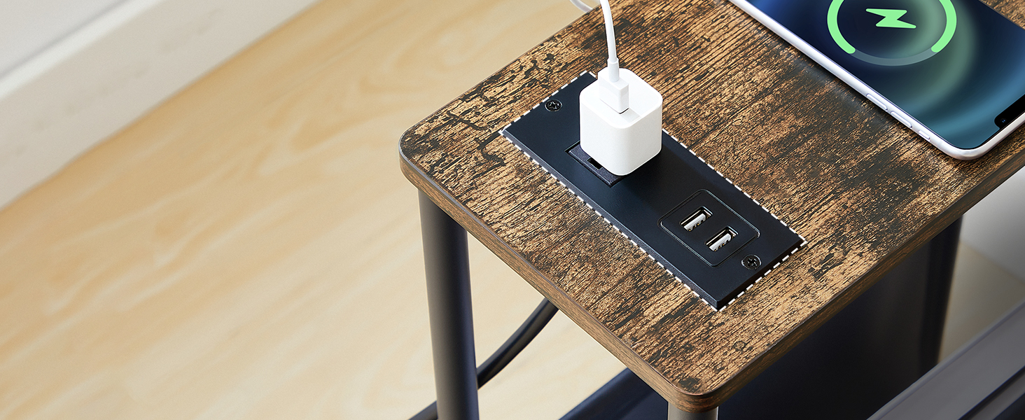 schmuel Enn Dësch mat Opluedstatioun, Slim Säit Table mat Späichere, dënn End Dësch mam Magazinhalter, schmuel Enn Dësch, Nuetsstand fir Schlofkummer, Wunnzëmmer, rustikal brong